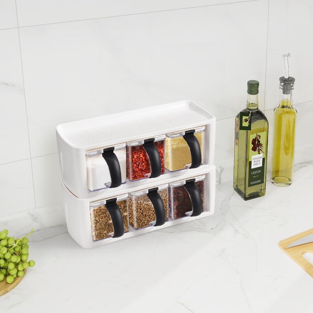 2pcs 3 Grids Seasoning Container Set With Lid And Spoon Condiment Storage Jars  For Kitchen