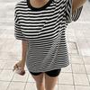 Women's Fashion Striped Round Neck Short Sleeved Casual Loose Fitting Pullover T-shirt Top