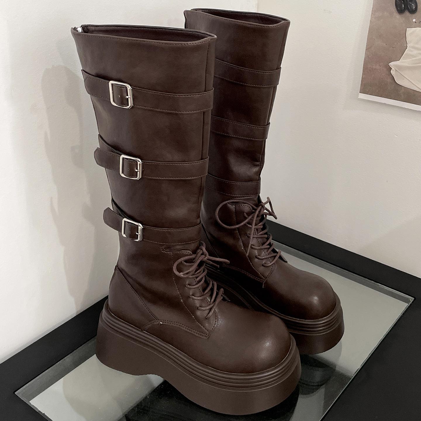 

White British style small man heightening platform boots women s boots 2025 new autumn thin knight boots 39 коричневый