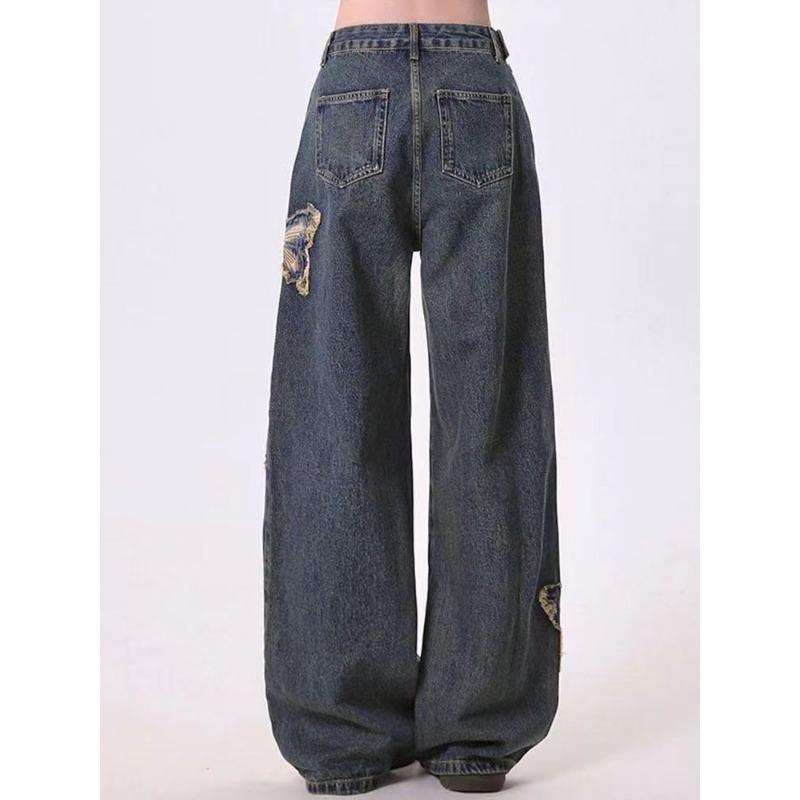

Американские винтажные широкие джинсы с застежкой-бабочкой сбоку, женские осенне-зимние дизайнерские брюки с высокой талией и свободными брюками длиной до пола XL серый/синий