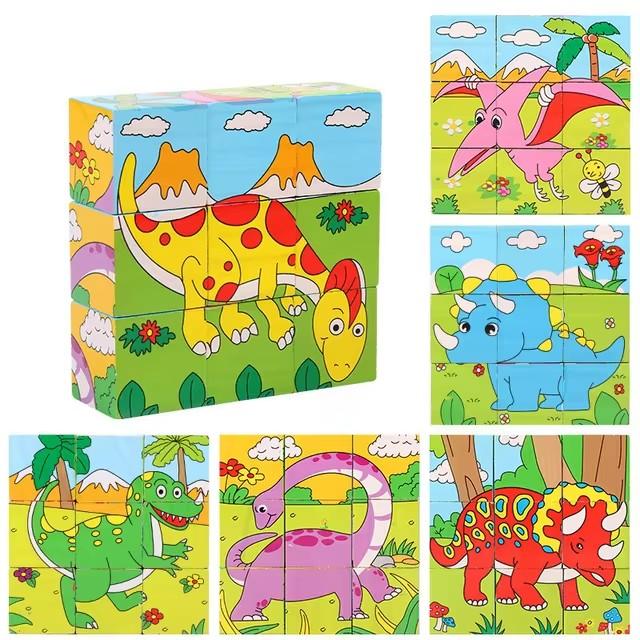 Wooden Six Sided 3D Cube Jigsaw Puzzles Children Kids Toys Animal Fruit Traffic Cognize Early Learning Educational Toys Fun Game