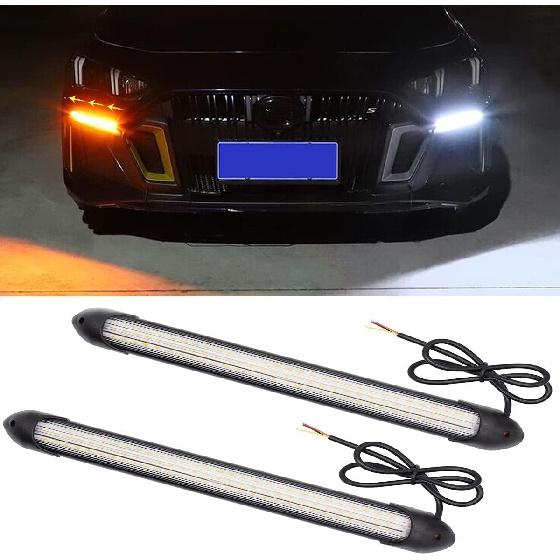 Exterior Car LED Lights, 2Pcs Flexible Daytime Running Light Strip Waterproof Auto Headlight Sequential White Turn Signal Yellow Led Light, 13.6