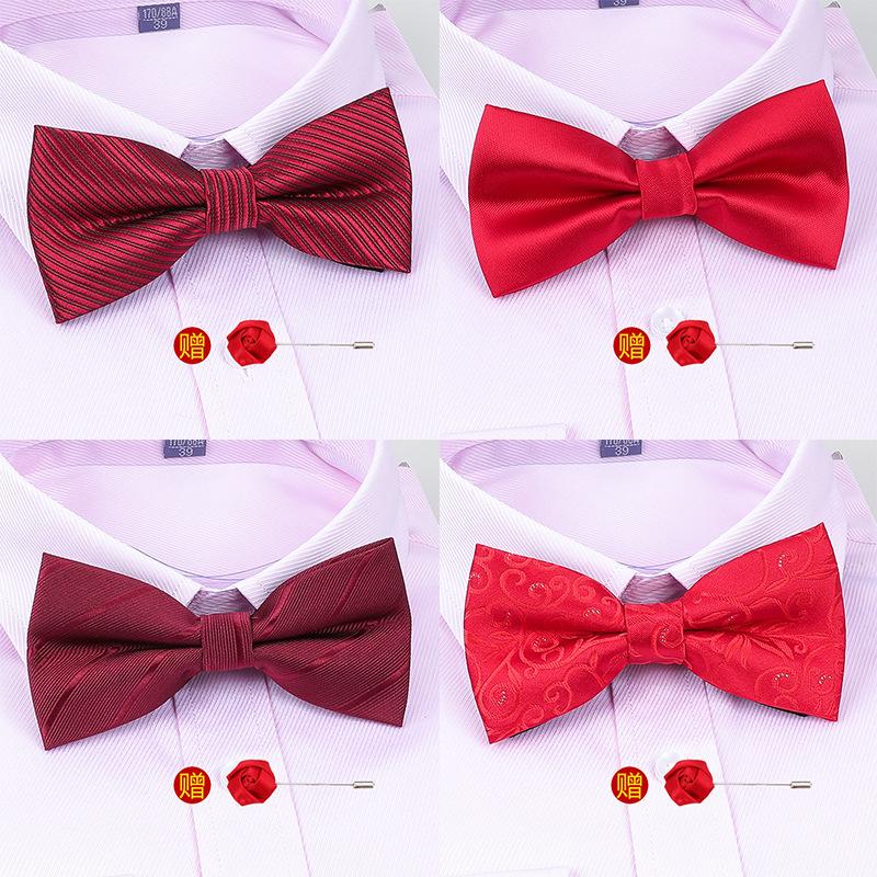 Men'S Korean Banquet Groom Wedding Best Man British Bow Tie Brooch Set Burgundy Bow Red Bow Tie