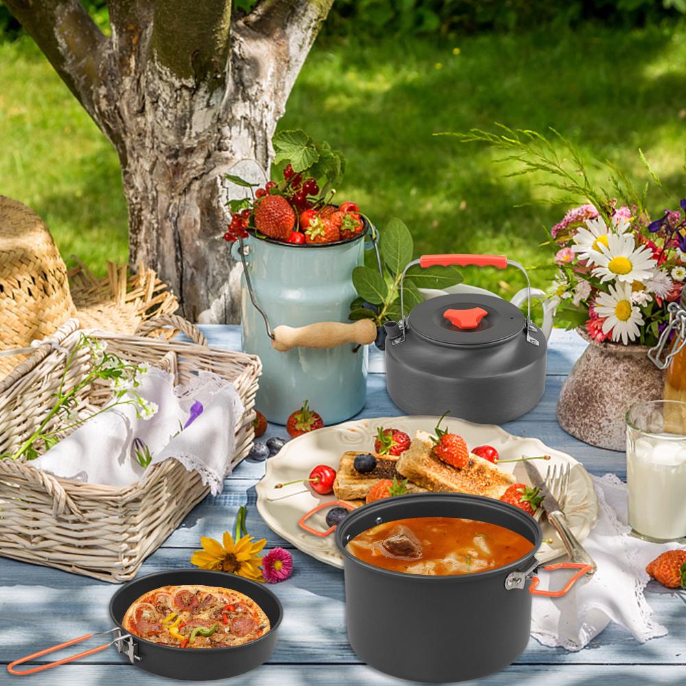 Camping kokekar rotsett Aluminiumslegering grytepanne dampbrett og vannkoker med grytetrekk