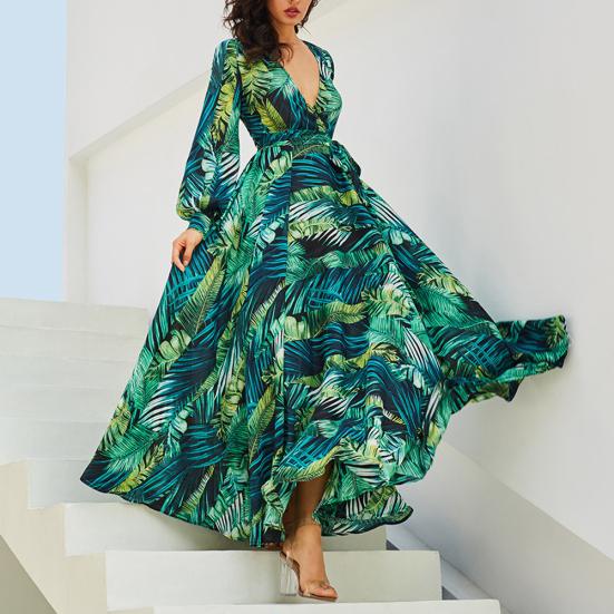 Übergröße Böhmisches Strand Damen Blätterdruck V-Ausschnitt Lange Laternenärmel Maxi-Kleid