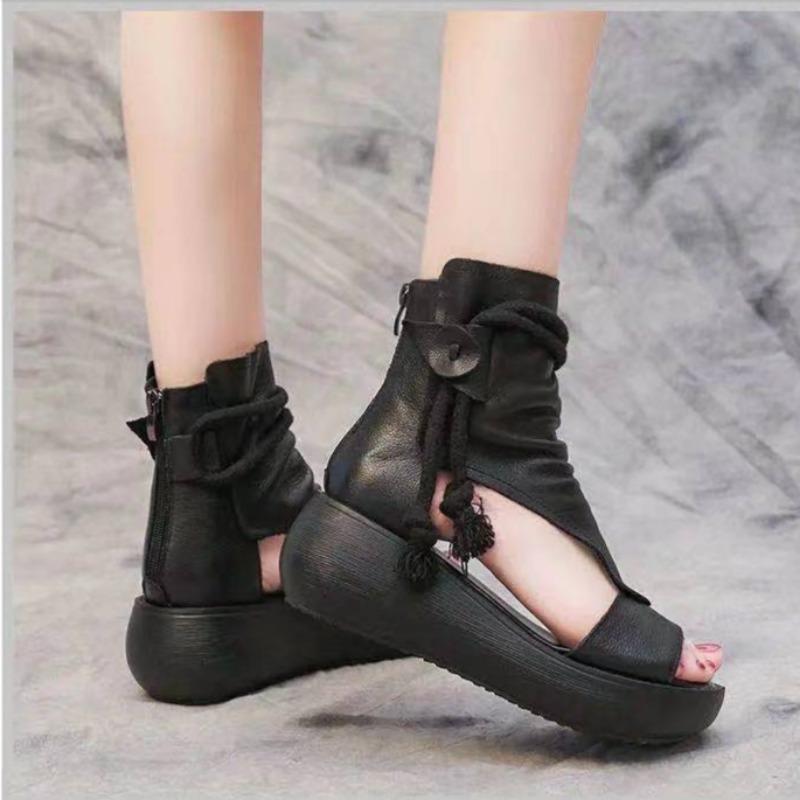 Women Sandals Summer Wedges Mid Heels Sandalias Platform Fish Mouth Sandals 2024Soft sole PU Retro Cool Boots Sandalias De Mujer