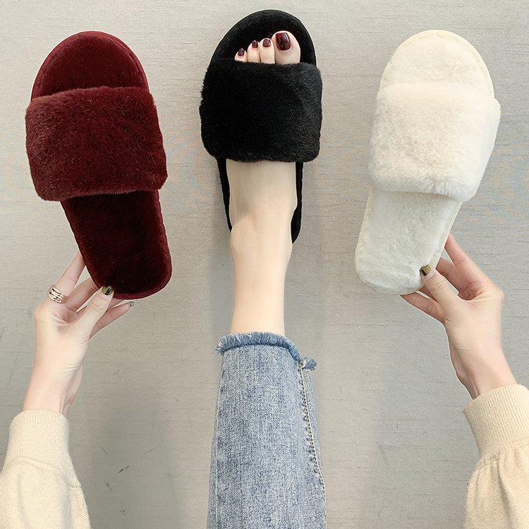 Cozy Plush Cotton Slippers for Women - Indoor Autumn/Winter Open Toe, One-Strap, Flat Bottom, Plus Size