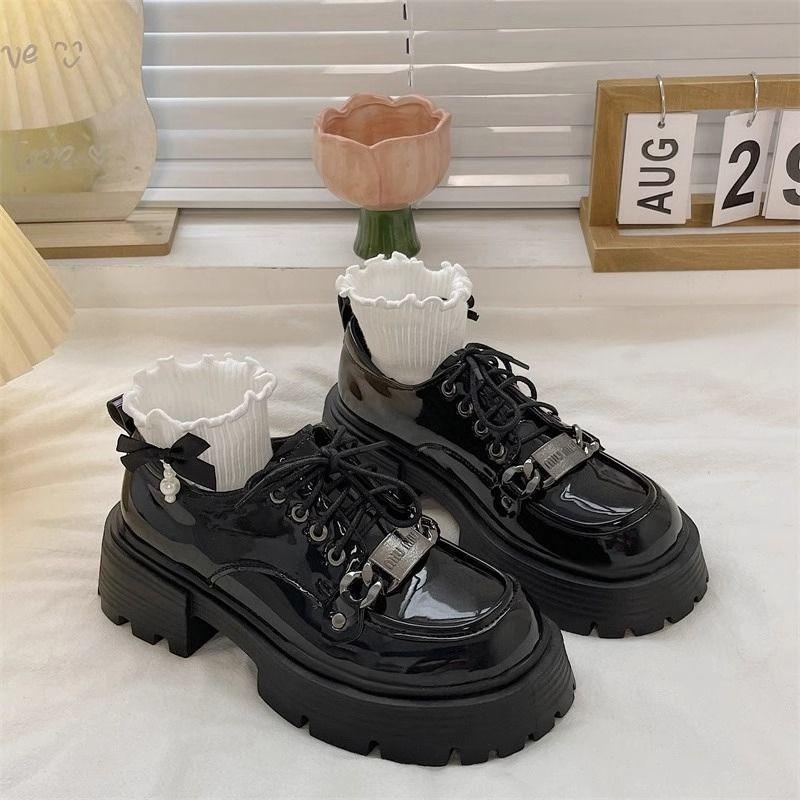 Black Small Leather Shoes Women's Spring Thick Heel Thick Sole Mary Jane Leather Surface Word with High Heels Waterproof Table Jk Loafers