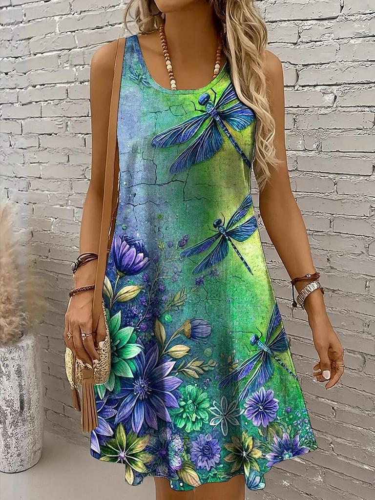 Women's Dragonfly 3D Print Long Dress, Off Shoulder Sleeveless Crew Neck A-Line Casual Summer Dress