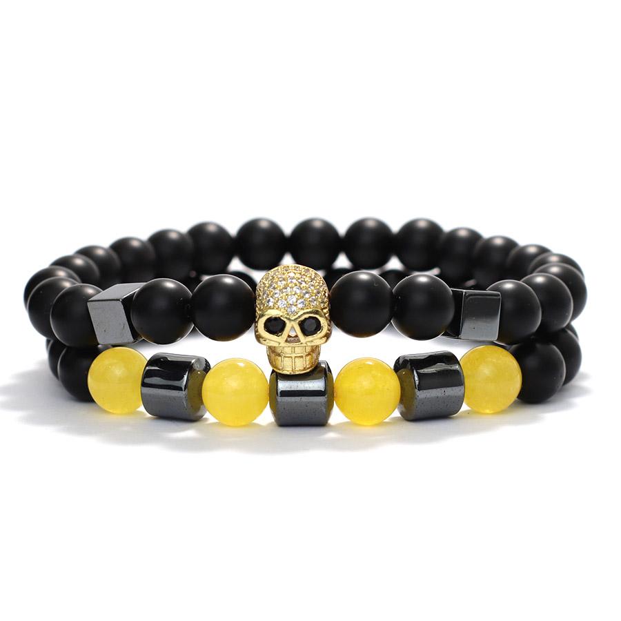 2Pcs Men Skull Bracelet Set Natural Hematite Turquoise Onyx Beaded Braclet Hip Hop Rock Riding Male Wrist Guard Accessories