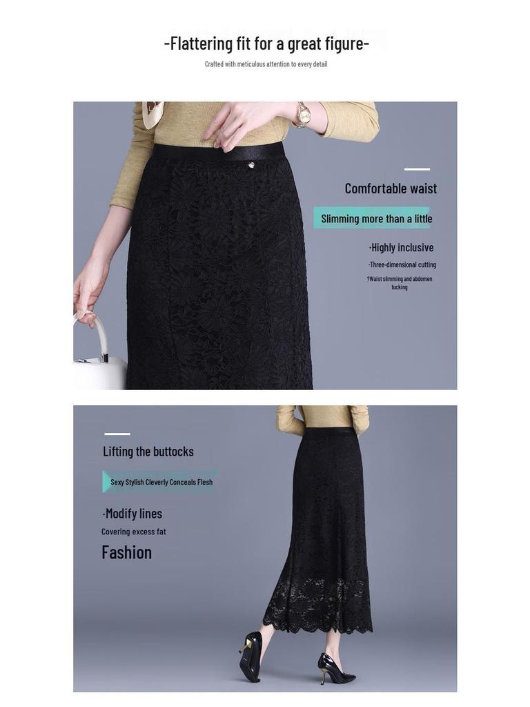 Black Lace Floral Mermaid Midi Skirt - 2026 Spring High-Waist, Slimming, Hip-Hugging Design