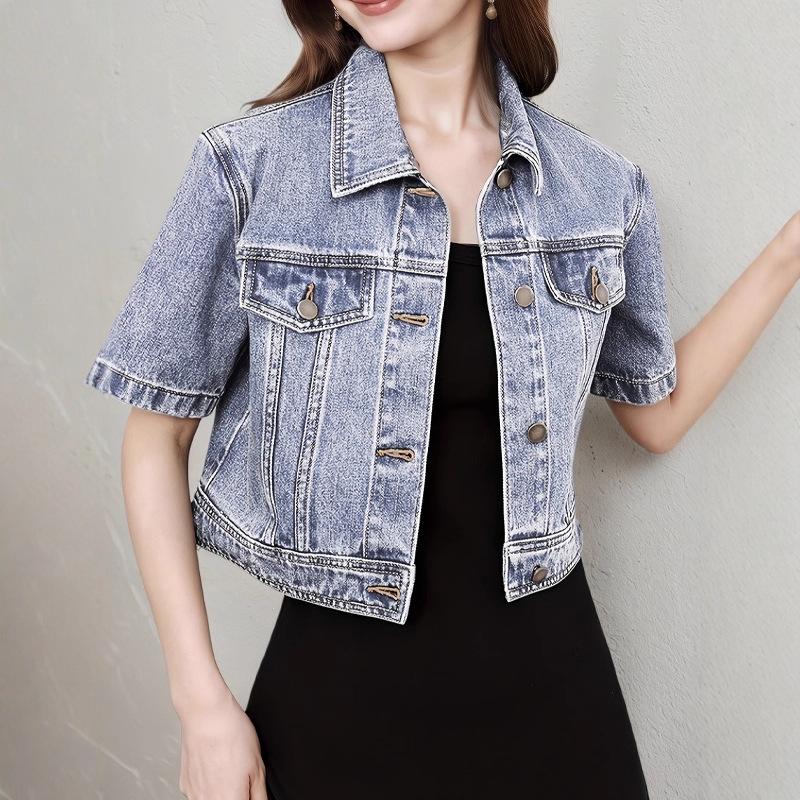 

Светло-голубая ретро универсальная джинсовая куртка с лацканами - Европейский и американский стиль, короткий рукав, прямой плечевой шов M светло-синий