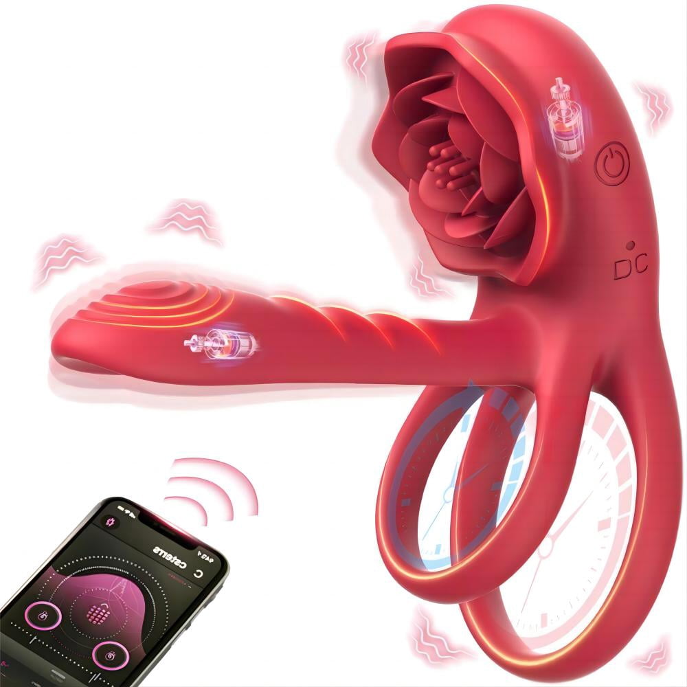 Vibrations Mode APP Remote Control Penis Ring Clitoris Vibrator,Obgado Vibrating Penis Ring with Rose Vibrator,Couples Adult Sex Toys for Men