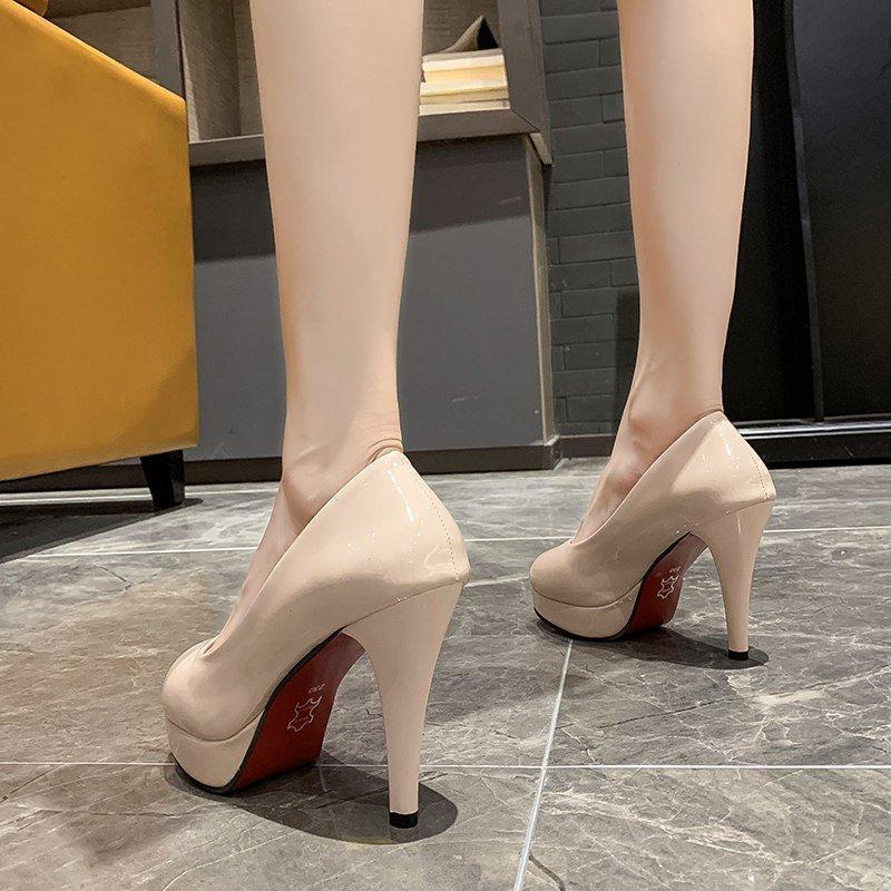Neue modische Damen-High-Heels wasserdicht Tisch Dünn-Absatz Einzelne Schuhe Lackleder Runde Spitze Übergröße Arbeit Damen Einzelne Schuhe