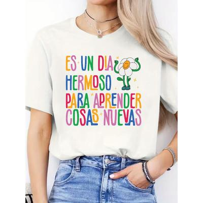 Damen Spanisches Alphabet & - Buchstaben Print T-Shirt - Spanisch lernen, Lässige Rundhals Kurzarm Bluse