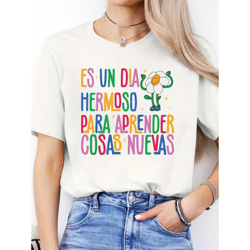 Women's Spanish Alphabet & - Letter Print T-Shirt - Spanish Language Learning, Casual Round Neck Short Sleeve Blouse