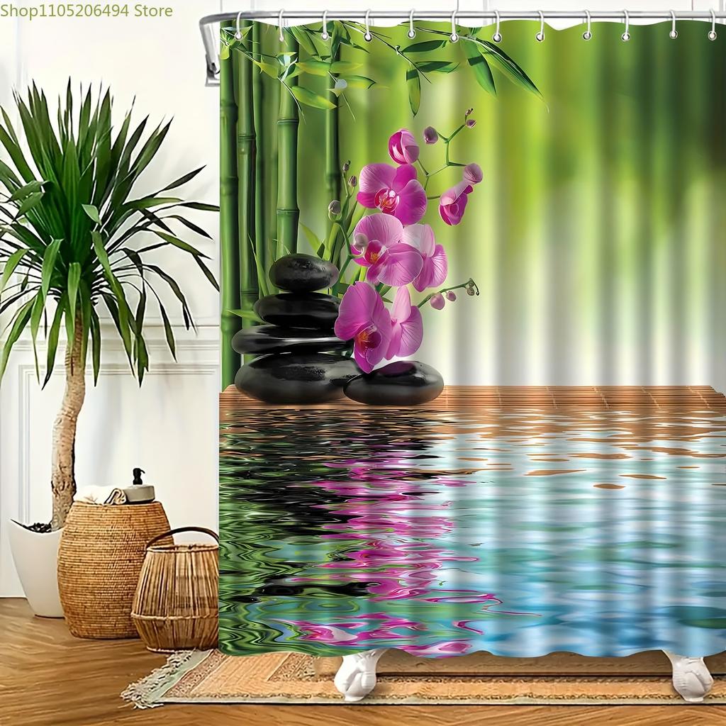 Jit1pc Stone Flower Pattern Print Shower Curtain for Home Bathroom Decoration, Easy Installation, with 12 Hooks Polyester Fabr