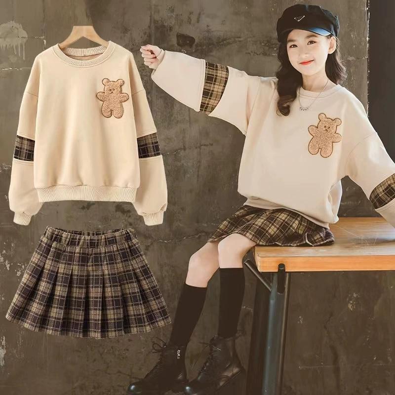 Dívčí svetrový komplet šaty síťová celebrita vysokoškolský styl jaro a podzim dvoudílná sukně malá holčička západní styl kostkovaná sukně