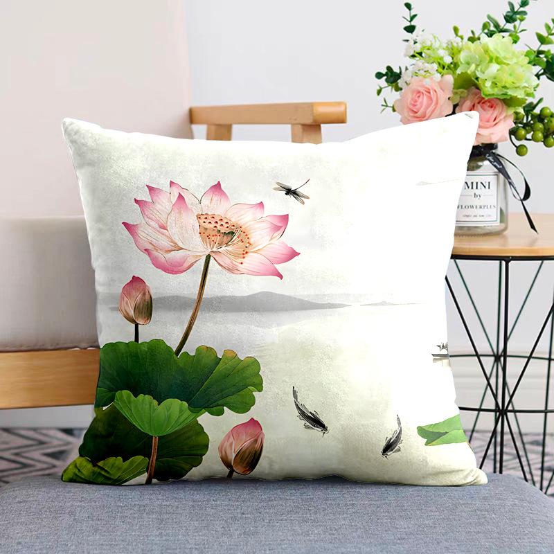 New Chinese Style Pillow Cushion Chinese Style Pillow Case Sofa Living Room Beige Lotus Zen Plush Back Pillow Case