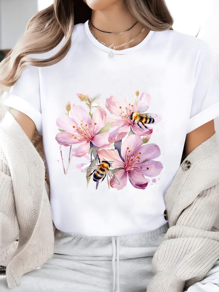 (Asian Size) watercolor flower trend Casual Women's Top T T-shirts Fashion O-neck Female Clothing Print Short Sleeve Graphic Tee