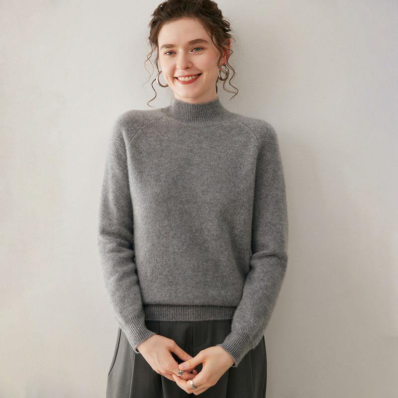 Women's Cashmere Double-Ply Thick Knit Sweater - Half-High Neck, Drop Shoulder, Versatile Solid Color, Autumn/Winter Warm Base Layer
