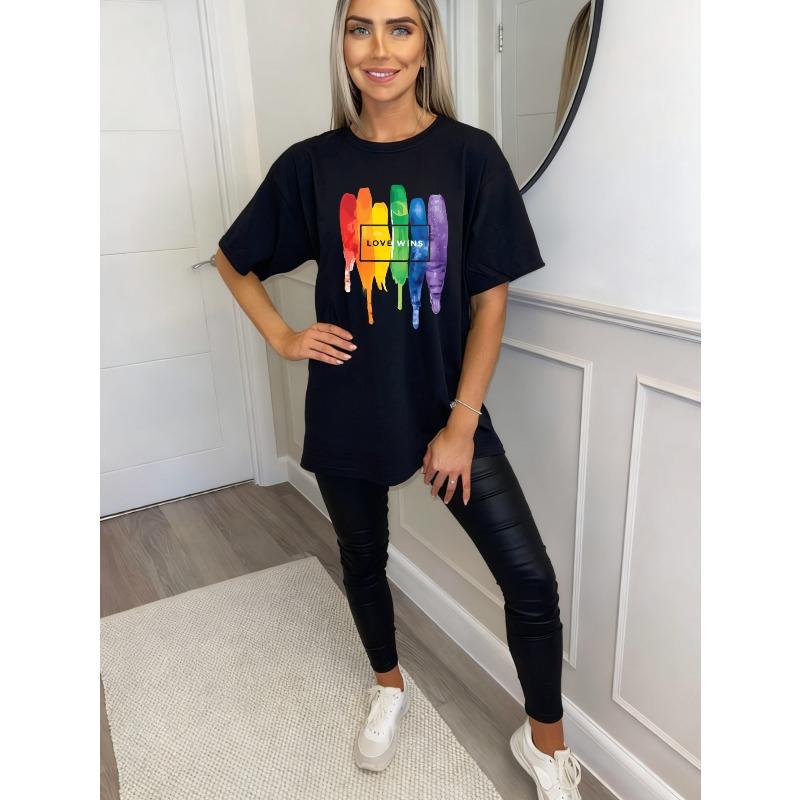Oversized T Shirt Black Rainbow Paint Drip Love Wins Print Casual Wear For Women Summer Streetwear Fashion Statement Top