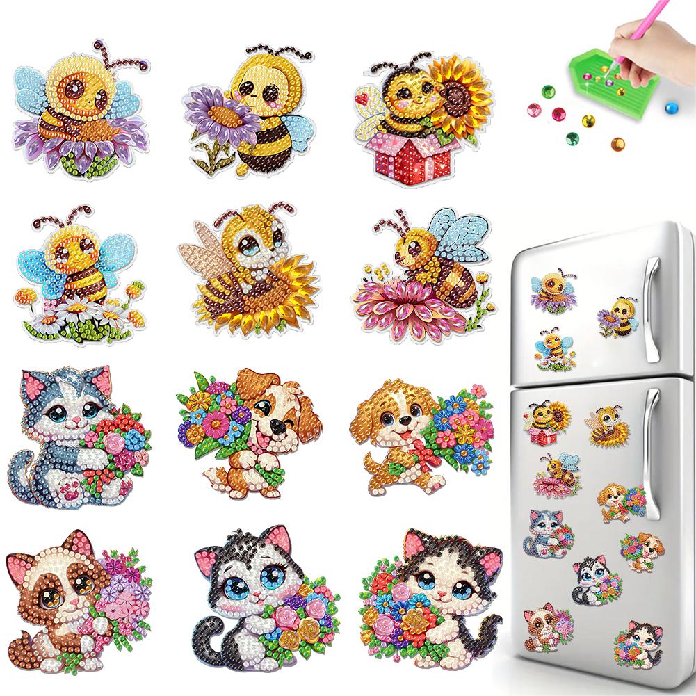 12PCS 2D Flat DIY Diamond Painting Refrigerator Magnet Round Diamond Crystal Refrigerator Magnet Diamond Art Kits for Home Decor