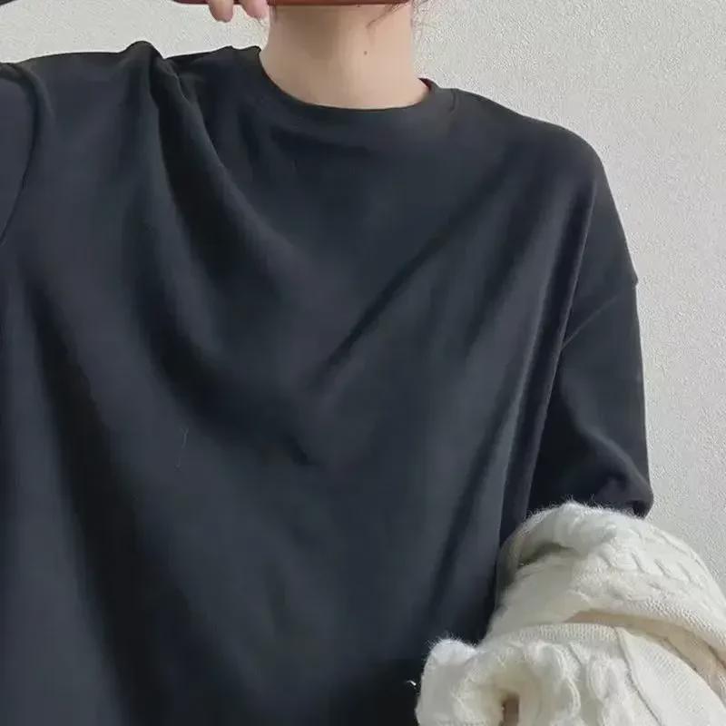 Tricou alb cald de damă din catifea dublă față-verso de lungime medie - Gât rotund, croială largă, interior periat pentru toamnă/iarnă