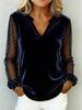 Elegant European & American Women's V-neck Lace Patchwork Long Sleeve Velvet Top.