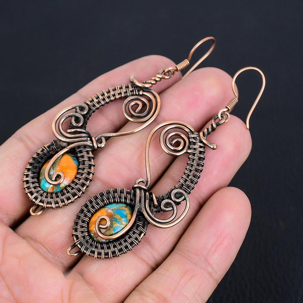 Orange Spiny Oyster Earrings, 999 Copper Wire Wrapped Earrings, Handmade Gemstone Jewelry Earrings For Memorial Day