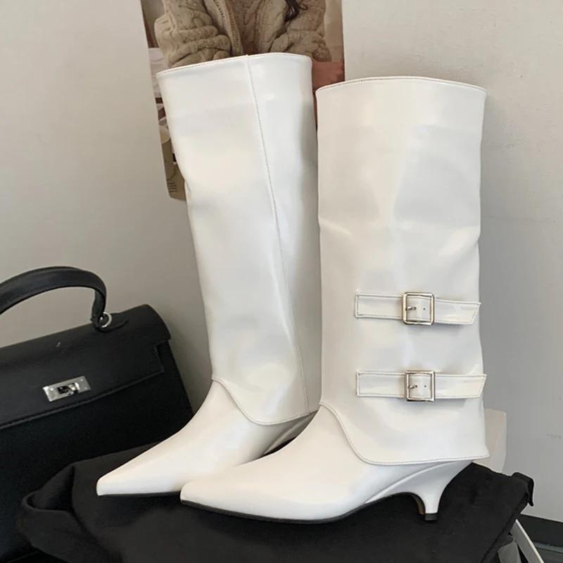 Mode Mode Damstövlar Temperament Spetsig Tå Läderstövlar Eleganta Ben Byxor Skaft Ankelstövletter Bältesspänne Knähöga Stövlar för Kvinnor