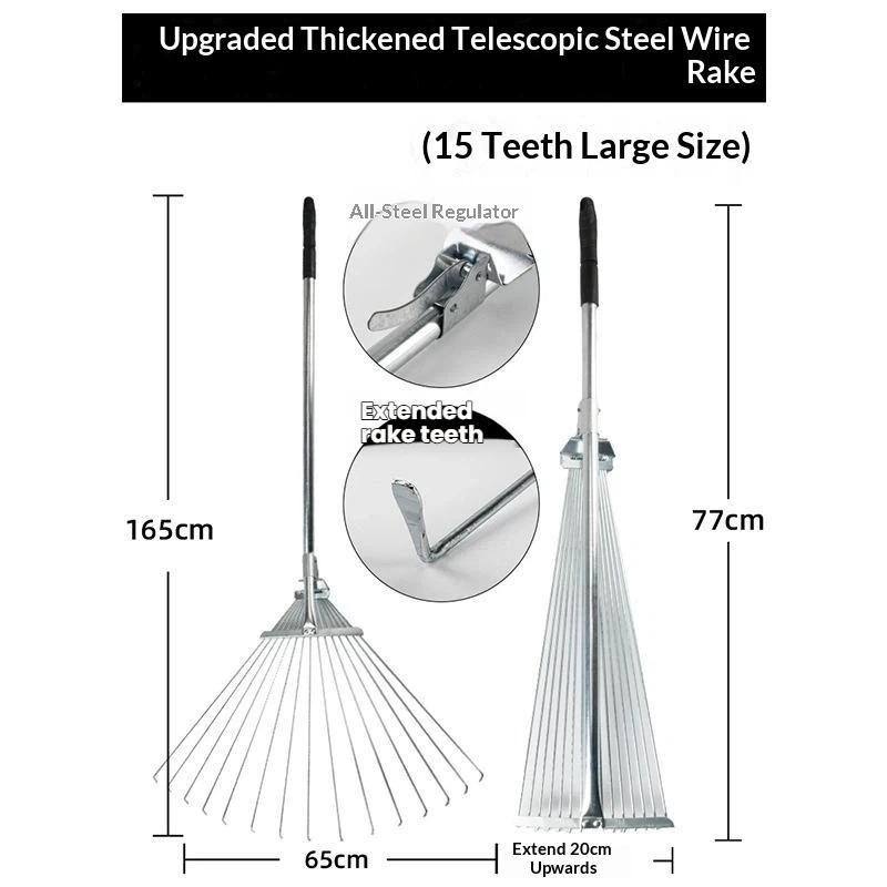 15 Tines Telescopic Lawn Rake Foldable Heavy Duty Adjustable Garden Rake for Patio Yard Gardening Work
