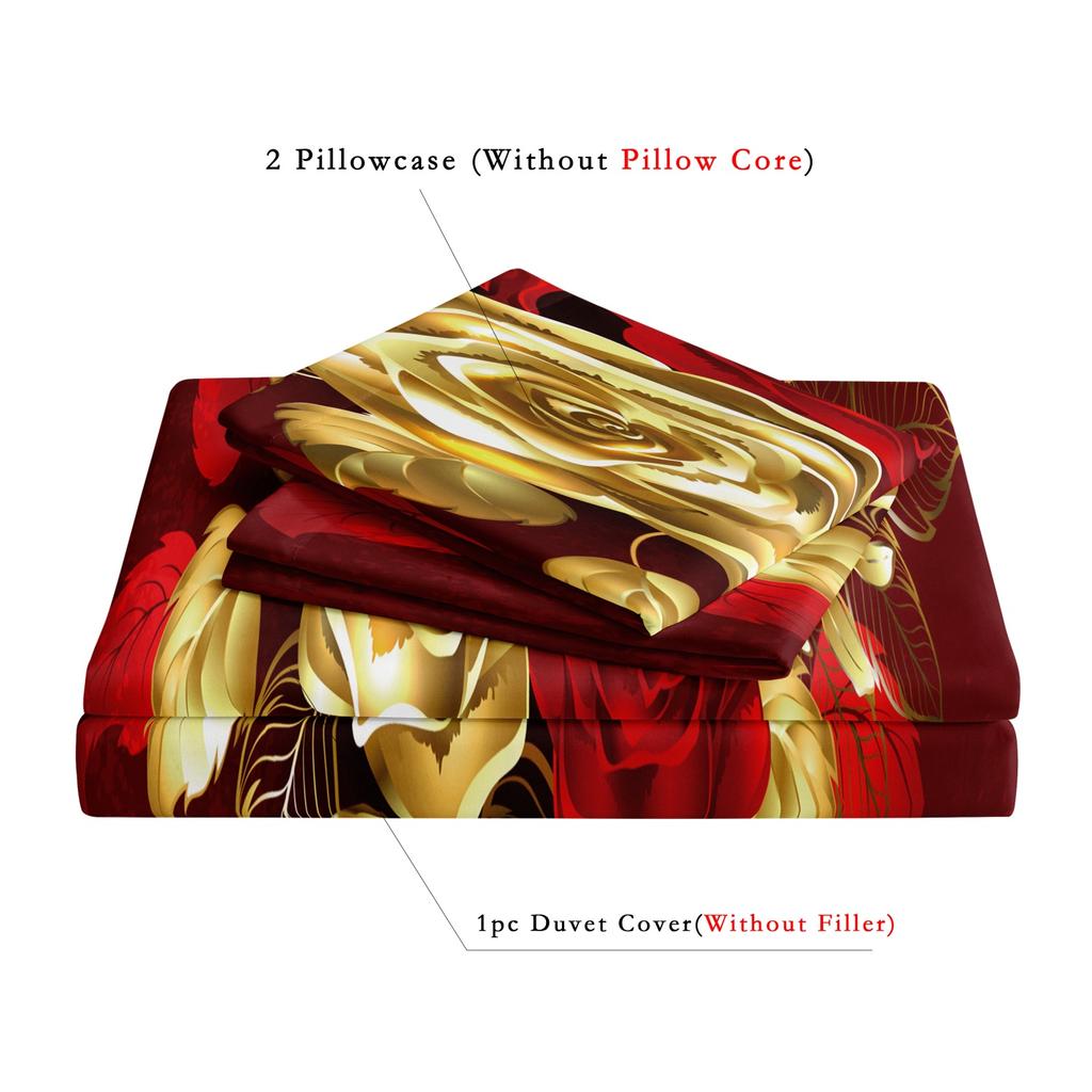 3-teiliges Rot-Gold-Rose HD-Druck Bettbezug-Set, Bettwäsche mit Blumendruck, Für Familienzimmer, Studentenwohnheime, Hotels