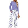 Damen Casual Bedrucktes Langarm-Pyjama-Set mit Rundhalsausschnitt Lockerer Schnitt und Taschen
