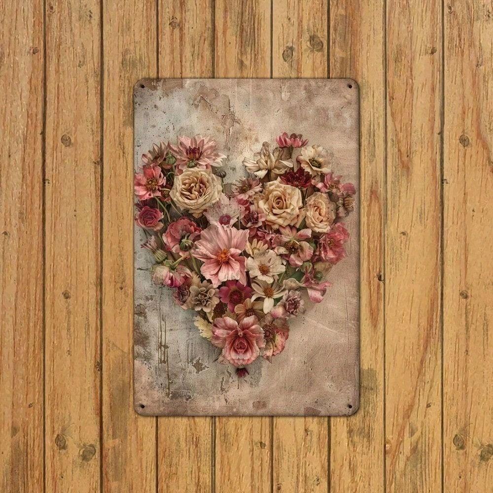 Vintage Metal Poster Heart Flower Wall Art Home Decor