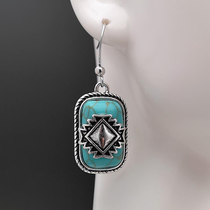 Vintage Shield Ethnic Earrings 925 Silver Green Turquoise Studs