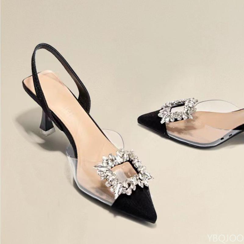 Fashion 2025 ladies New summer Sandals Fashion rhinestone high heels Transparent square buckle sandals Pointed elegant Women pumps Mujer
