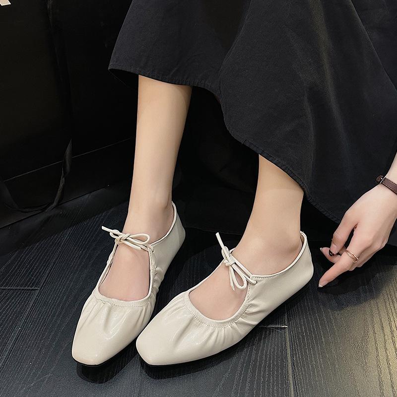 shoes women's new women's shoes spring and autumn square head shallow mouth flat bottom Doudou shoes women's lace-up Mary Jane shoes