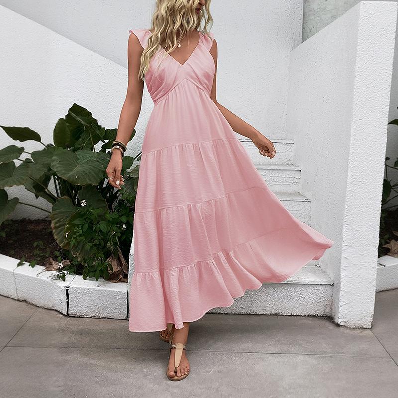TikTok summer hot sale new solid color comfortable high temperament elegant holiday style dress women