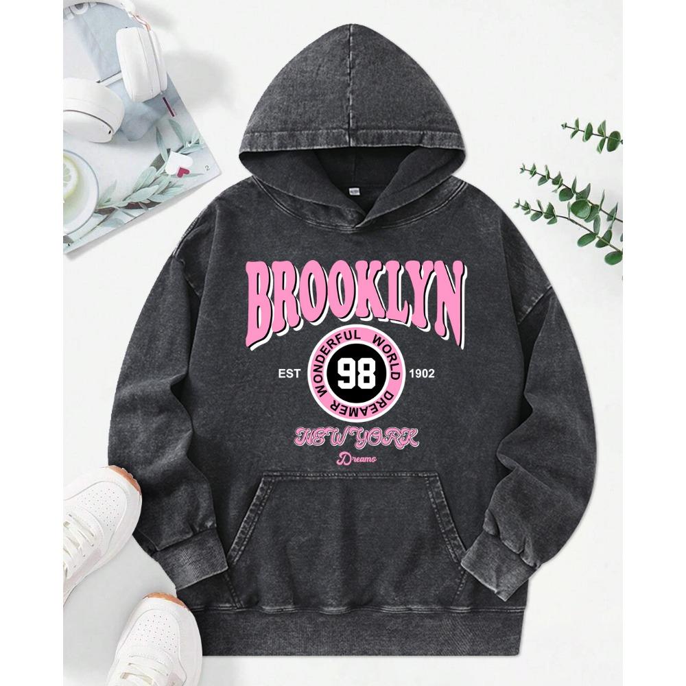 Brooklyn Wonderful World Dreamer Print Women Washed Hoodies Fashion Pocket Hoodie Cotton Comfortable Clothing Oversize Hoodie