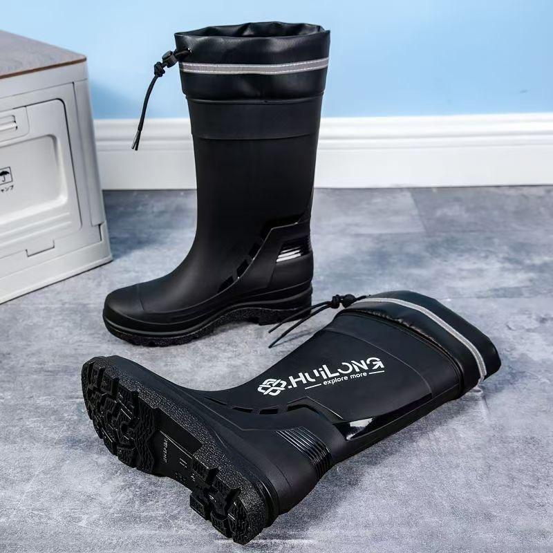 

Fashionable new high tube men s rain shoes men s water shoes anti slip and waterproof plain mouth drawstring rain boots long tub 245