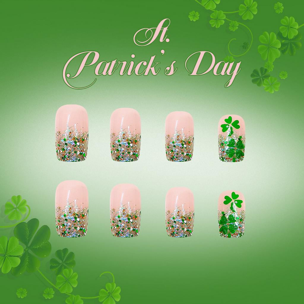 Green Glitter French Clover Artificial Nails 24 Pieces Short Matte False Nails For Daily Use