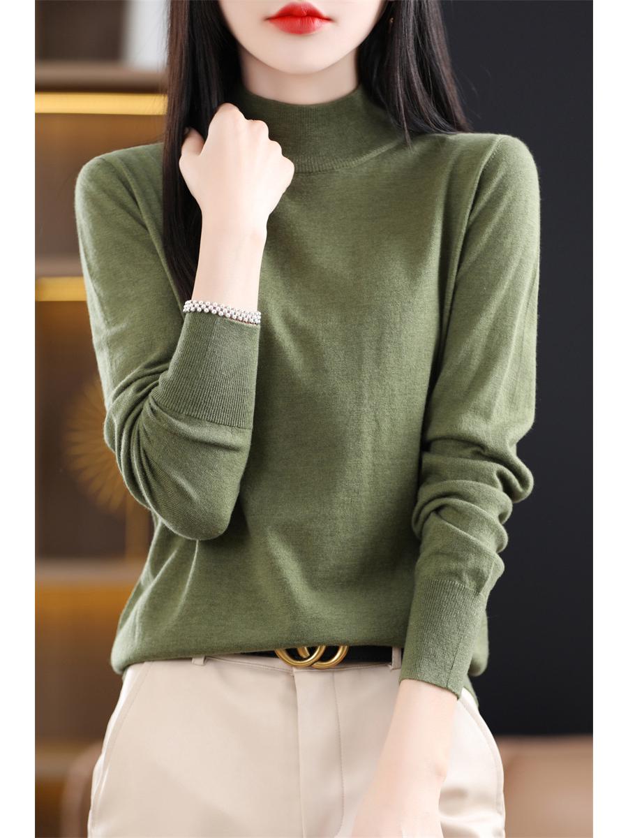 

Женский шерстяной свитер со средней горловиной - Коллекция весна/осень 2025, однотонный, свободного кроя Small зелёный/лист