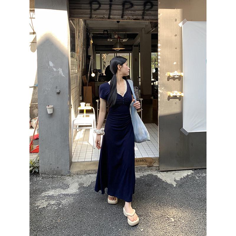Red French Lace A-line Summer Dress 2026: Women s Slimming V-Neck Waist-Cinching Long Skirt L