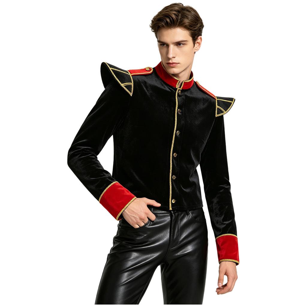 Stand Collar Long Sleeve Velvet Jacket with Gold Trim and Shoulder Boards for Men Circus Ringmaster Halloween Carnival Costume