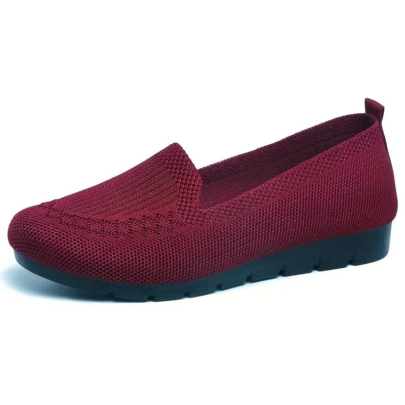 Dames strikkede ensfargede loafers, lette sklisikre flate slip-on sko, avslappede gåsko