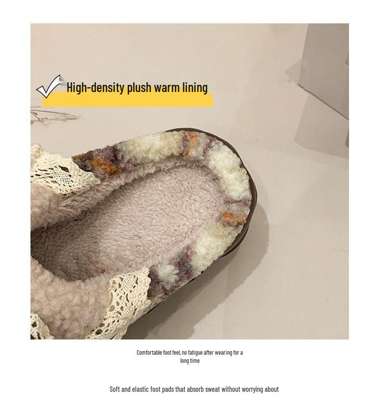 Women's Cotton Slippers Autumn/Winter 2025: Korean Style with Lace Bow, Thick Non-Slip Sole, Warm for Indoor Use.