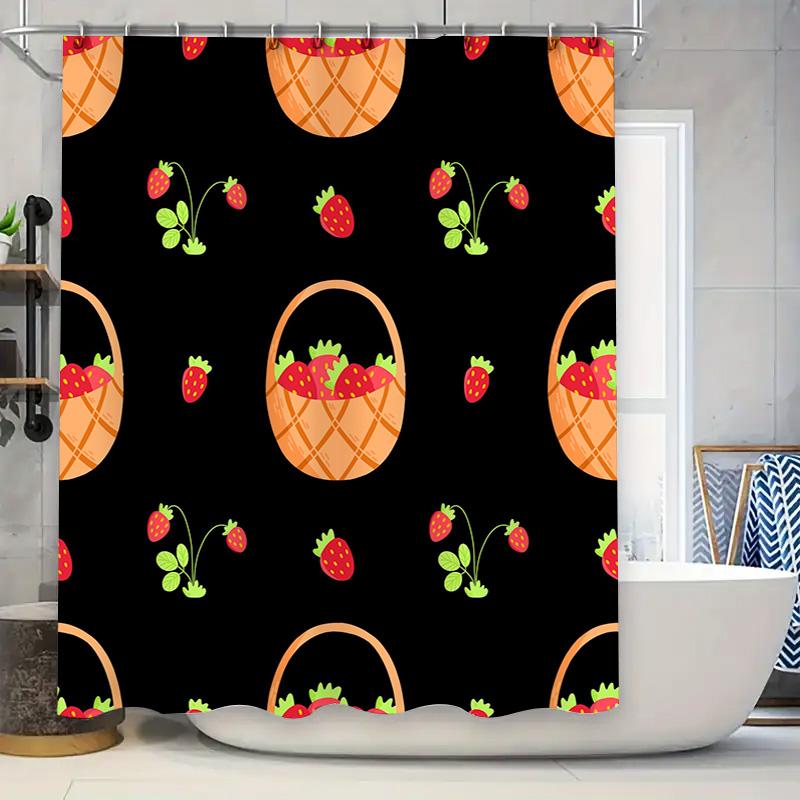 Bright Strawberry Basket Shower Curtain Modern Bathroom Decor with Black Background, Orange Stripes Green Leaves Pattern for Bat