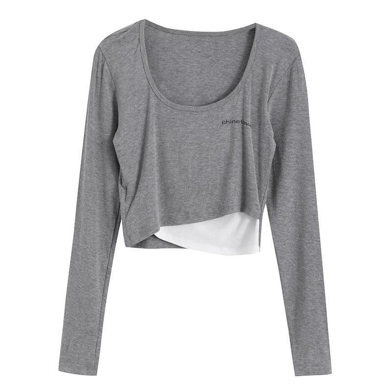 

Чистый хлопок осень новая короткая утягивающая футболка женская аккуратная машинка с длинным рукавом поддельный два укороченных топа 2XL