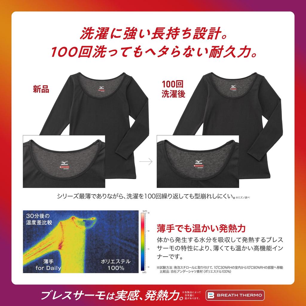 Mizuno Breath Thermo for Daily Round Neck Sleeve Size S Underwear, Heat-Generating Innerwear, Thin, Use, 3/4 Shirt, Women's, Black, (C2JAA811)